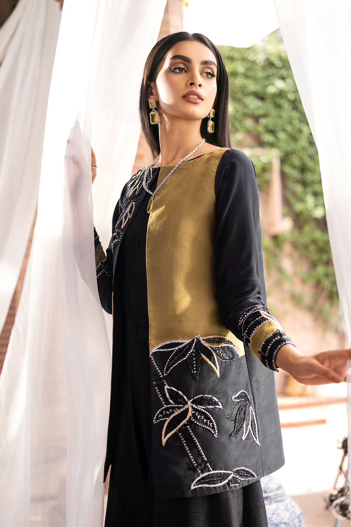 Black Embellished Organza Jacket with Raw Silk Jumpsuit (2-Piece) - Image 5