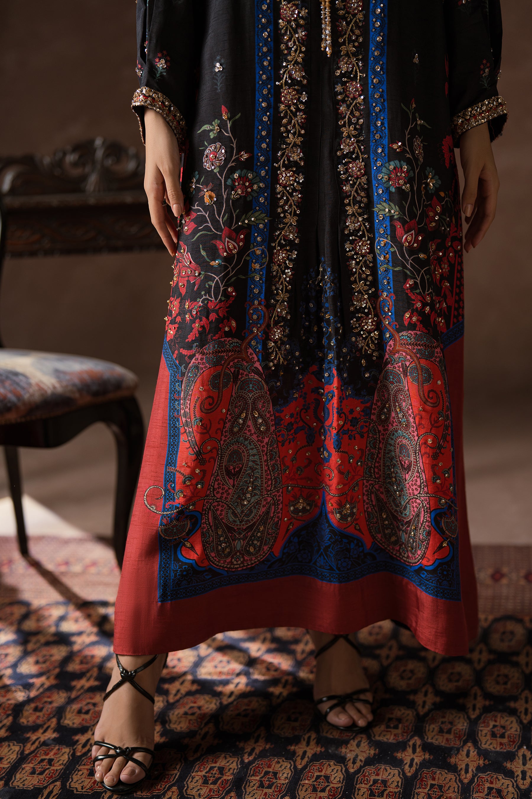 Pakistani Black Beaded Blended Silk Kaftan Set (2-Piece) - Image 3