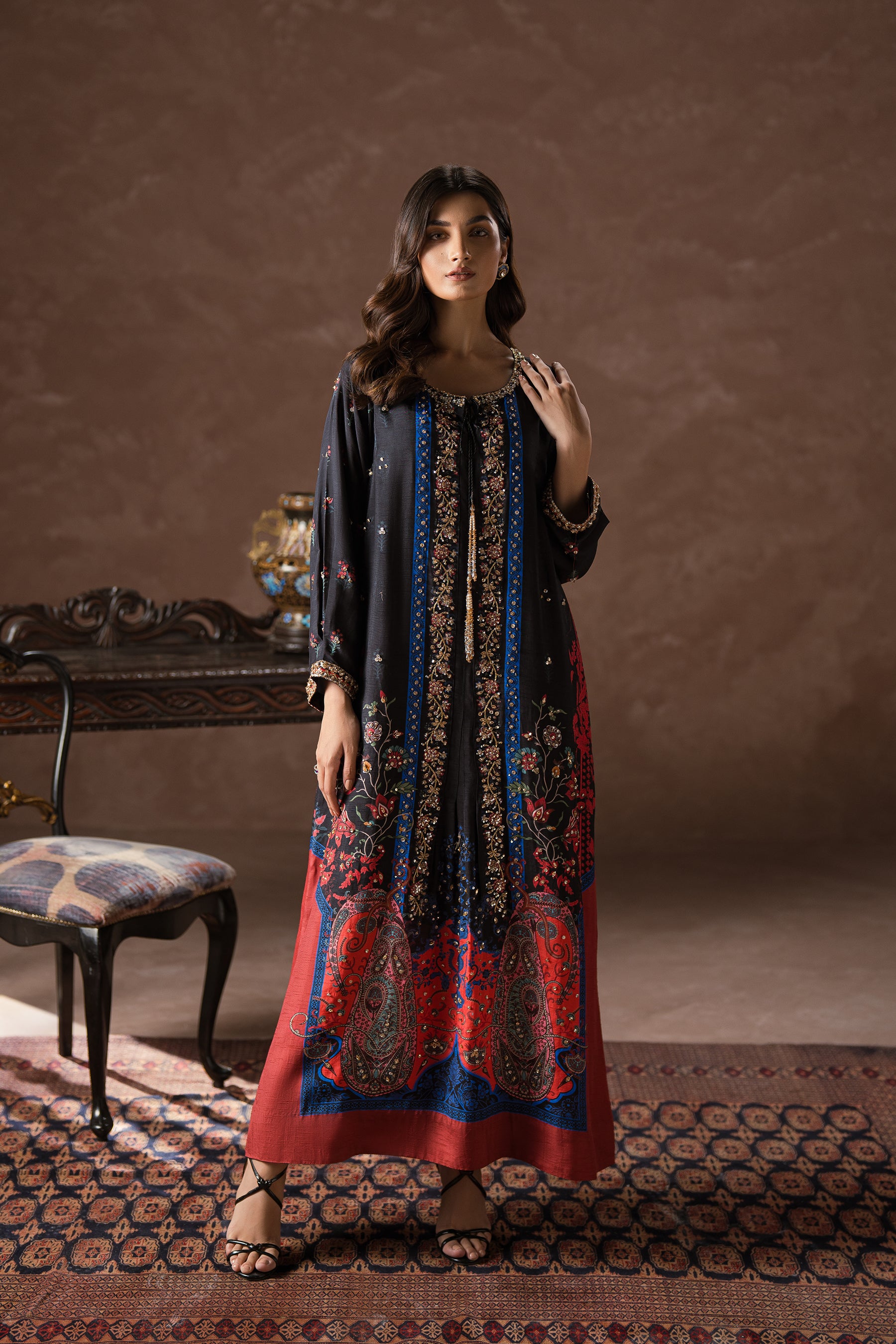 Black Beaded Embroidered Silk Kaftan Set (2-Piece) - Image 1