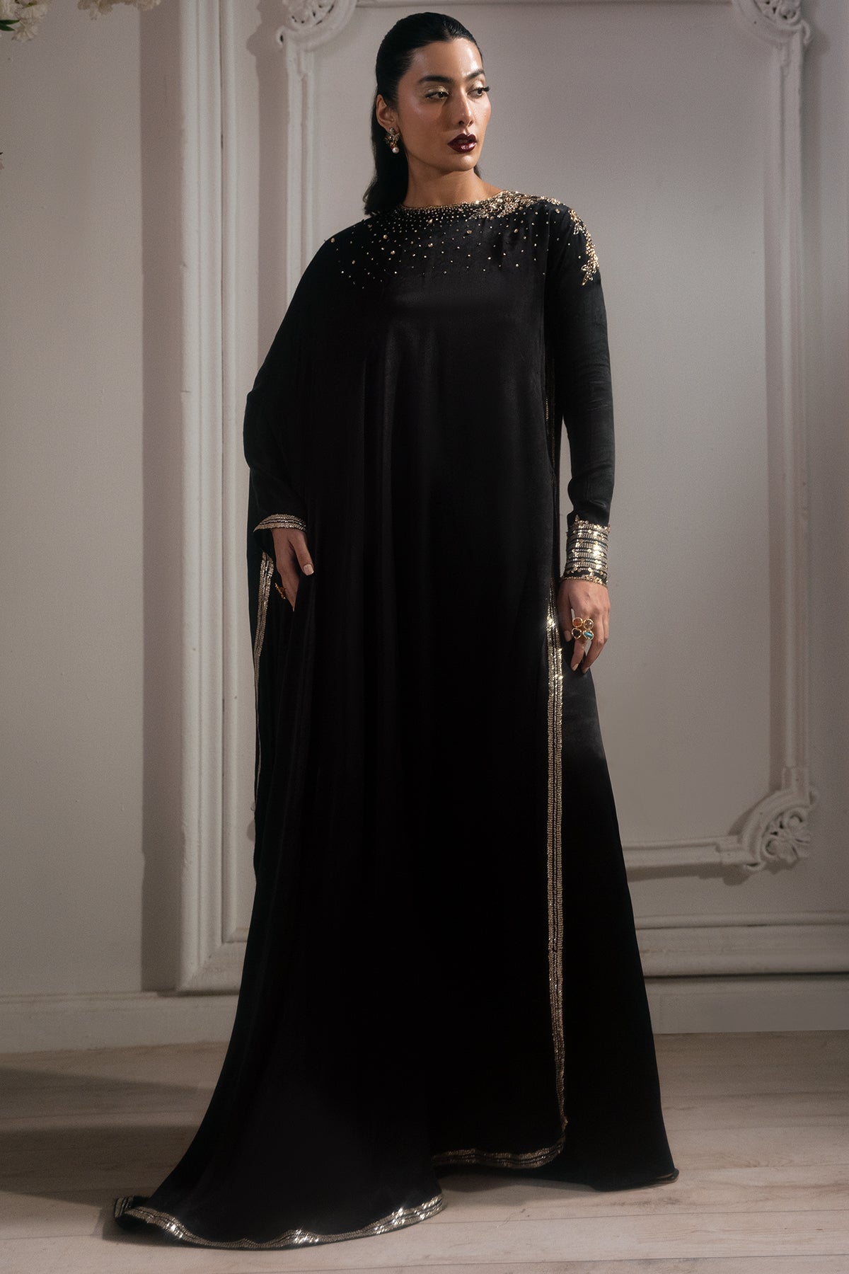 Black Hand-Embellished Charmeuse Silk Kaftan (2-Piece) - Image 1