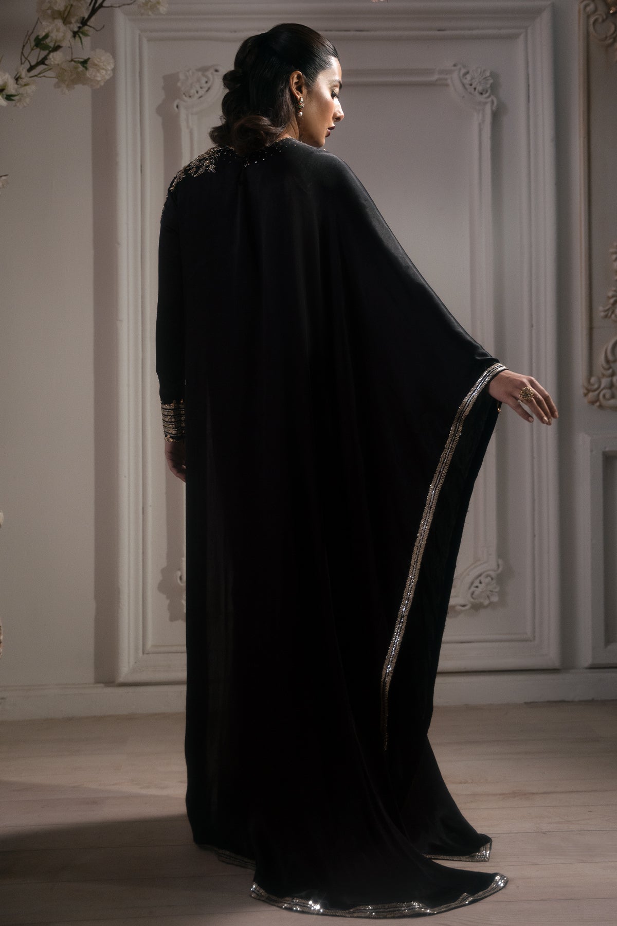 Black Hand-Embellished Charmeuse Silk Kaftan (2-Piece) - Image 2