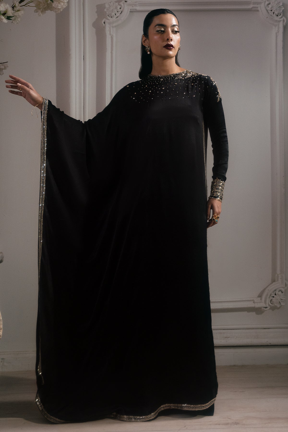 Black Hand-Embellished Charmeuse Silk Kaftan (2-Piece) - Image 3