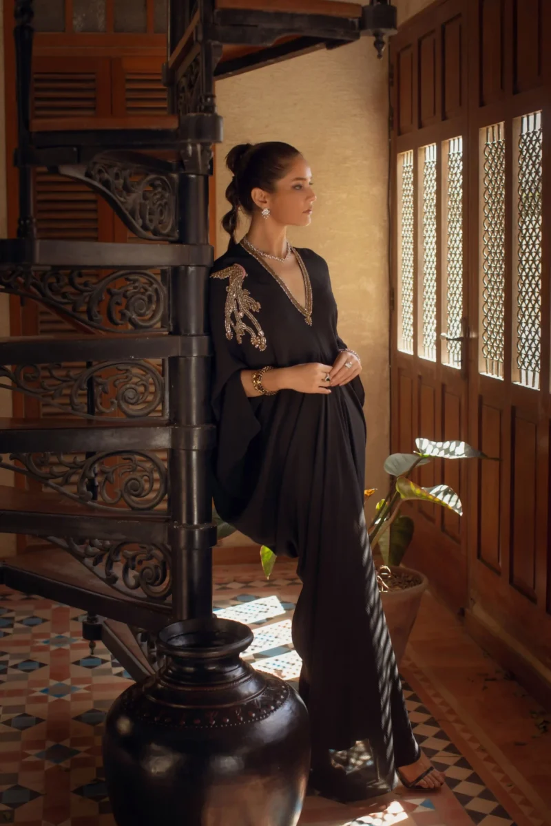 Black Hand-Embroidered Chiffon Kaftan (1-Pc) - Image 1