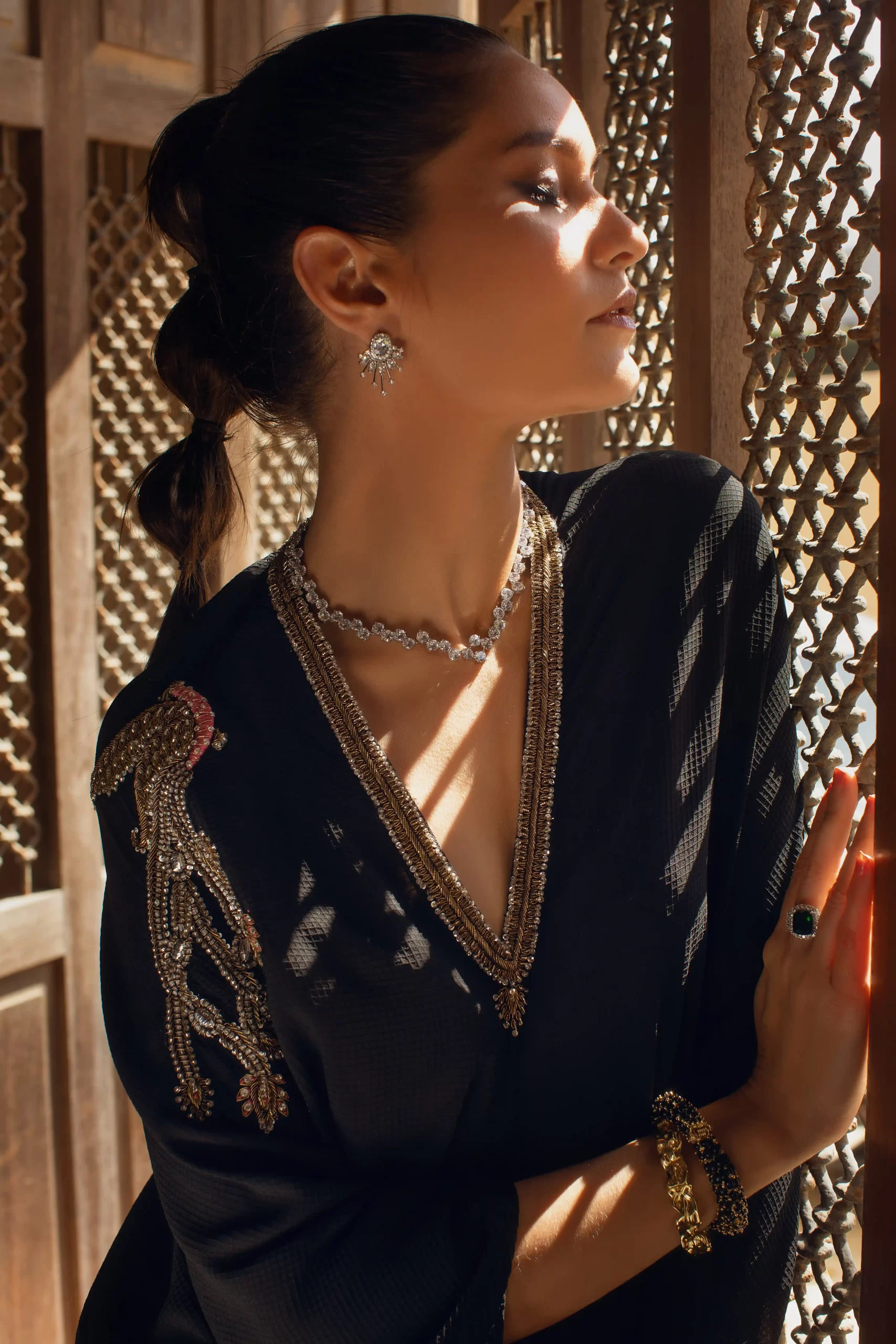 Black Hand-Embroidered Chiffon Kaftan (1-Pc) - Image 3