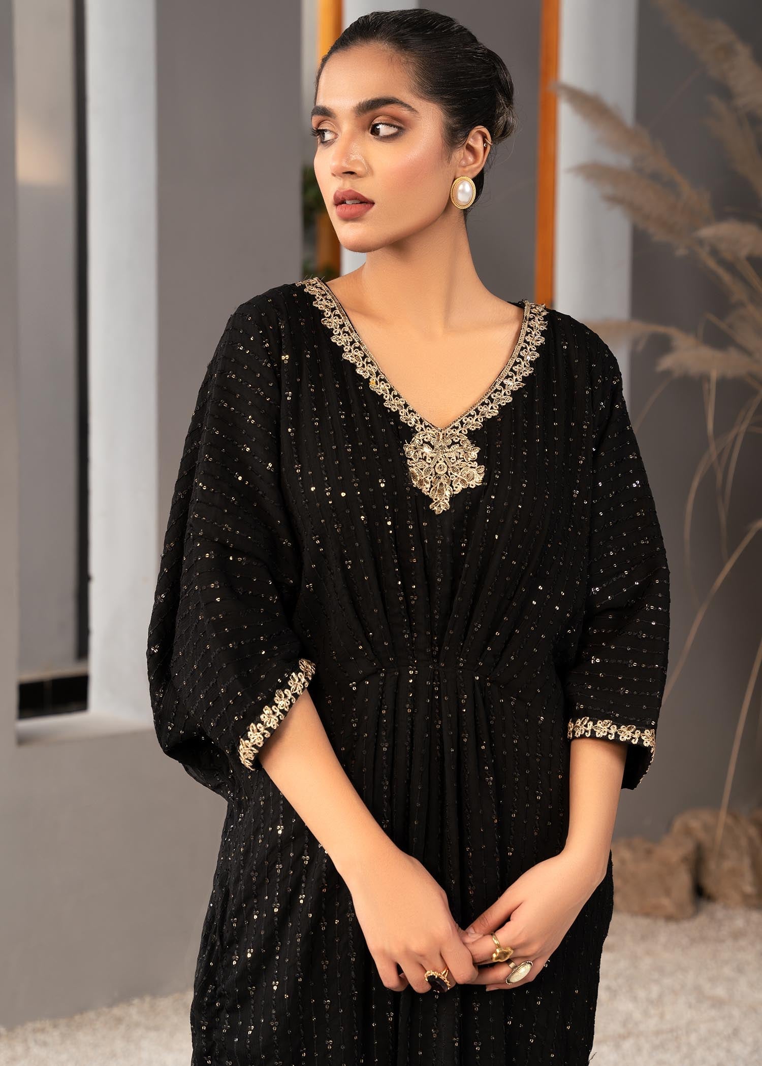 Black Embroidered Chiffon Long Kaftan (1-Pc) - Image 11