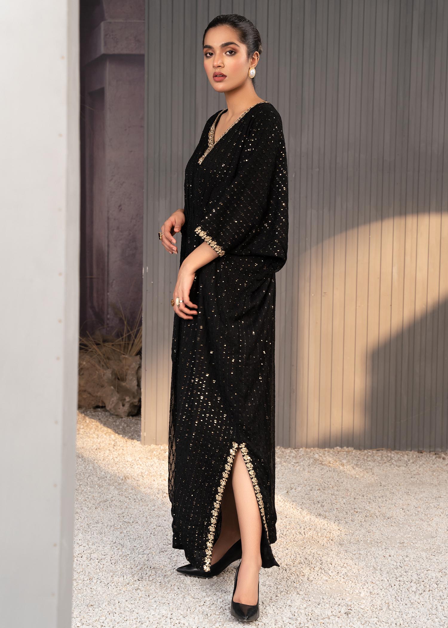 Black Embroidered Chiffon Long Kaftan (1-Pc) - Image 13