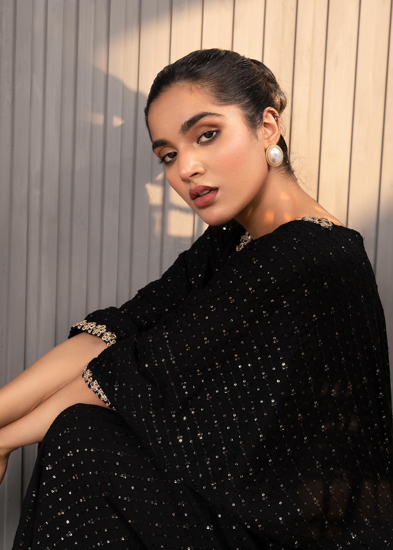 Black Embroidered Chiffon Long Kaftan (1-Pc) - Image 16