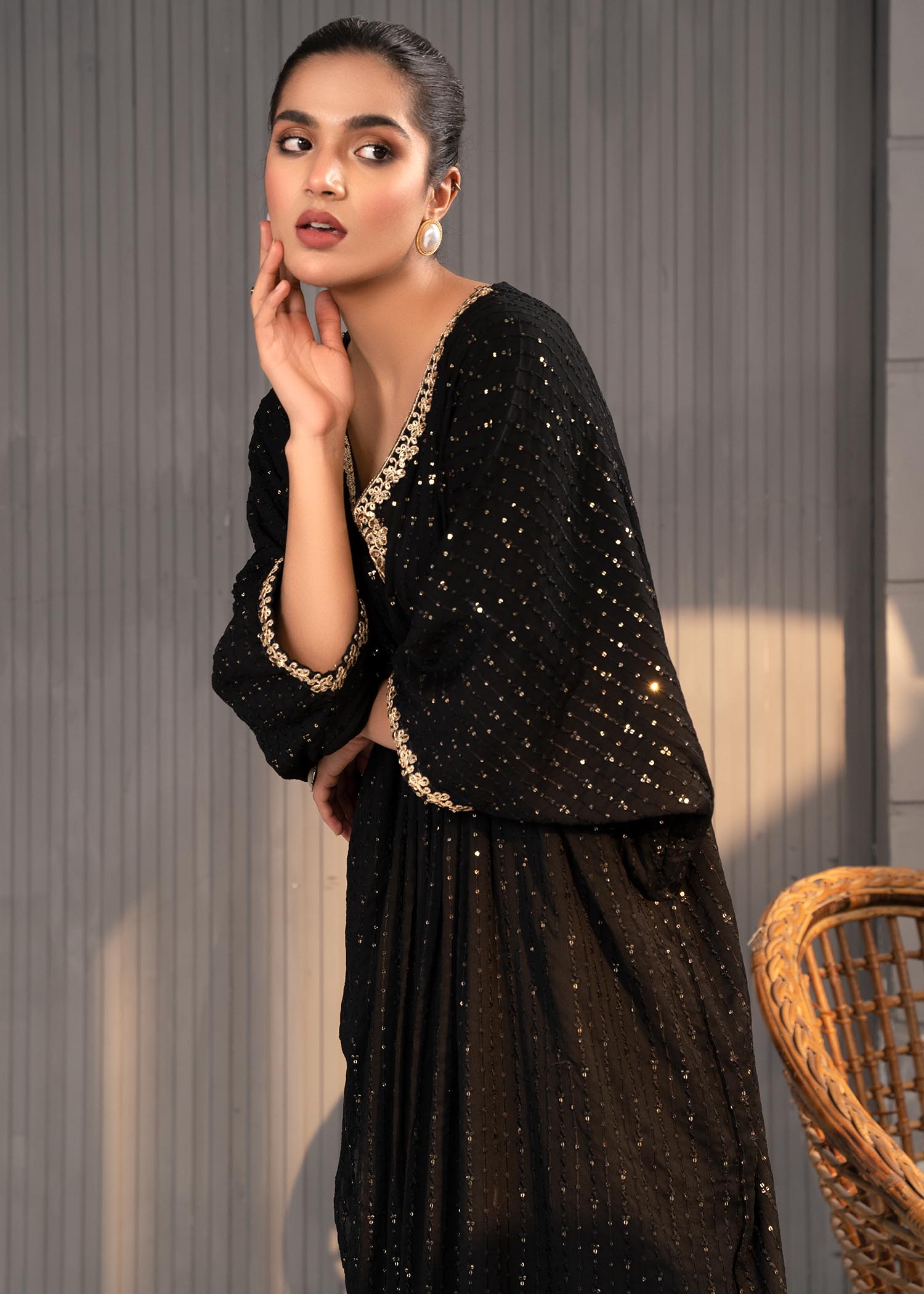 Black Embroidered Chiffon Long Kaftan (1-Pc) - Image 17
