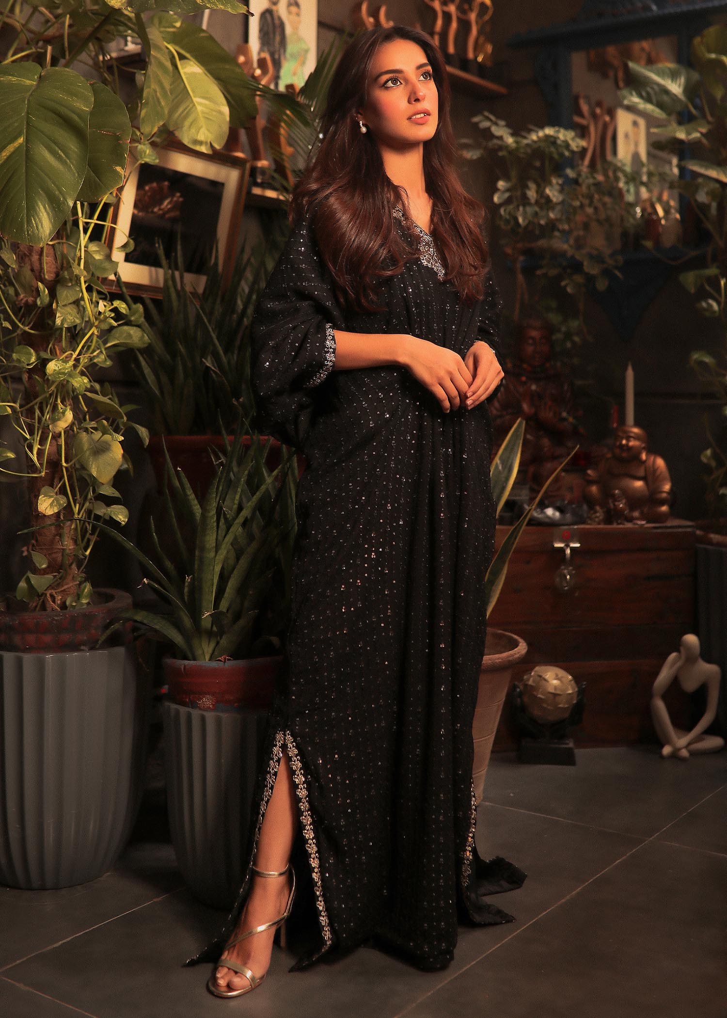 Black Embroidered Chiffon Long Kaftan (1-Pc) - Image 2