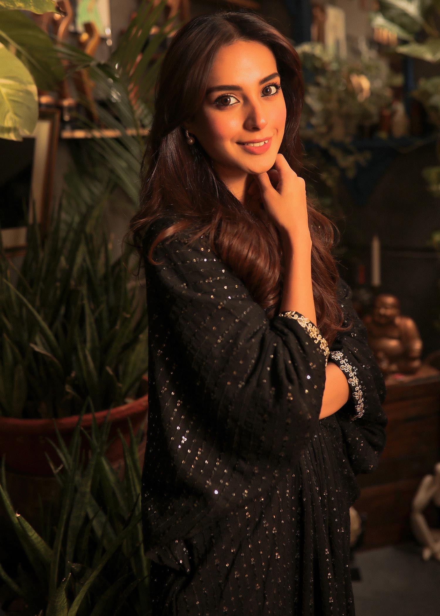 Black Embroidered Chiffon Long Kaftan (1-Pc) - Image 8