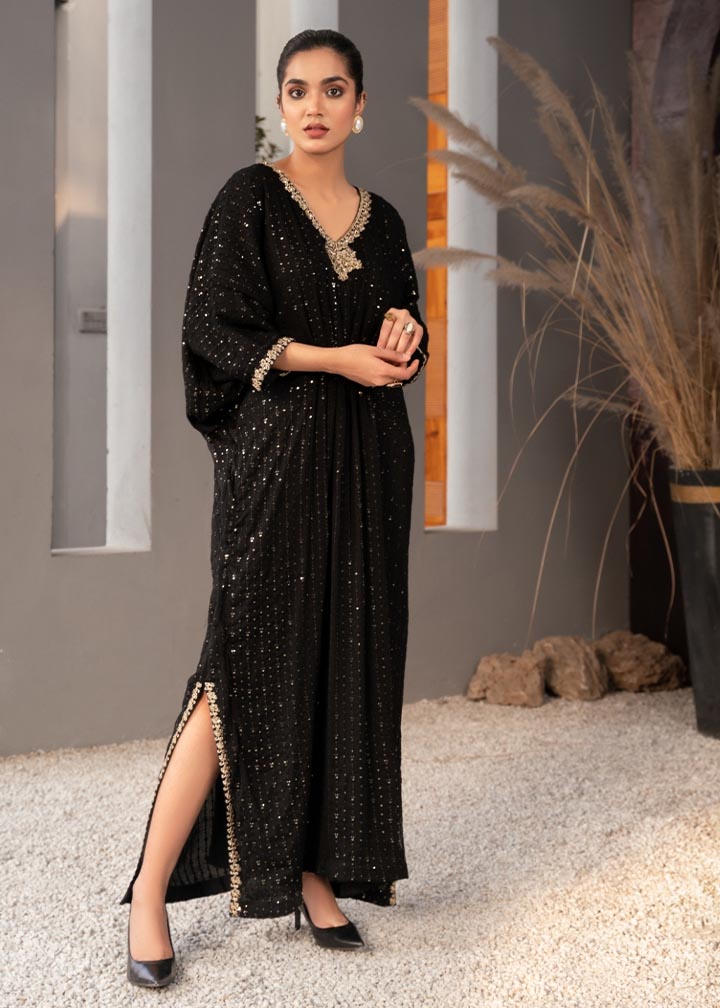 Black Embroidered Chiffon Long Kaftan (1-Pc) - Image 9