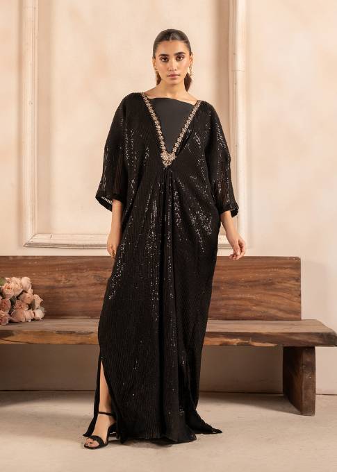 Pakistani Black Sequin Embroidered Chiffon Kaftan (1-Pc) - Image 1