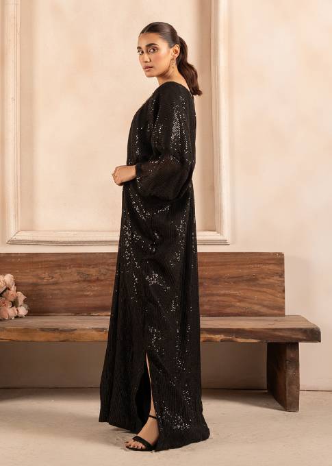 Pakistani Black Sequin Embroidered Chiffon Kaftan (1-Pc) - Image 2