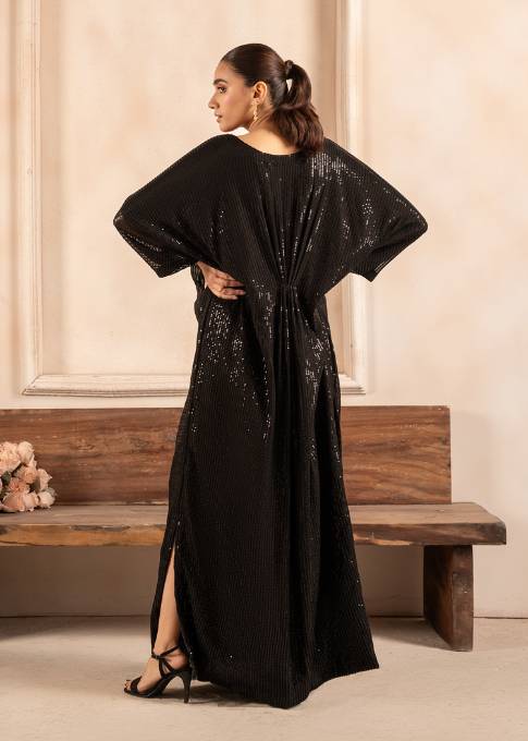 Pakistani Black Sequin Embroidered Chiffon Kaftan (1-Pc) - Image 3
