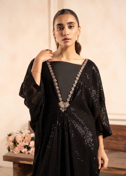 Pakistani Black Sequin Embroidered Chiffon Kaftan (1-Pc) - Image 4