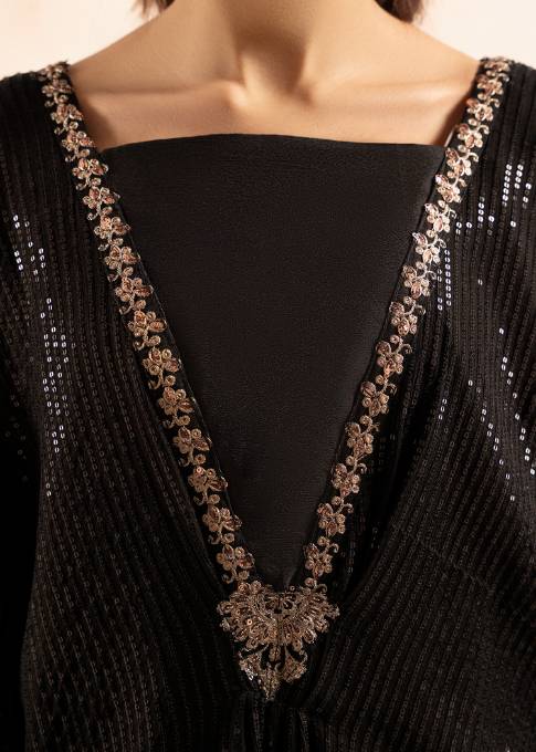 Pakistani Black Sequin Embroidered Chiffon Kaftan (1-Pc) - Image 5