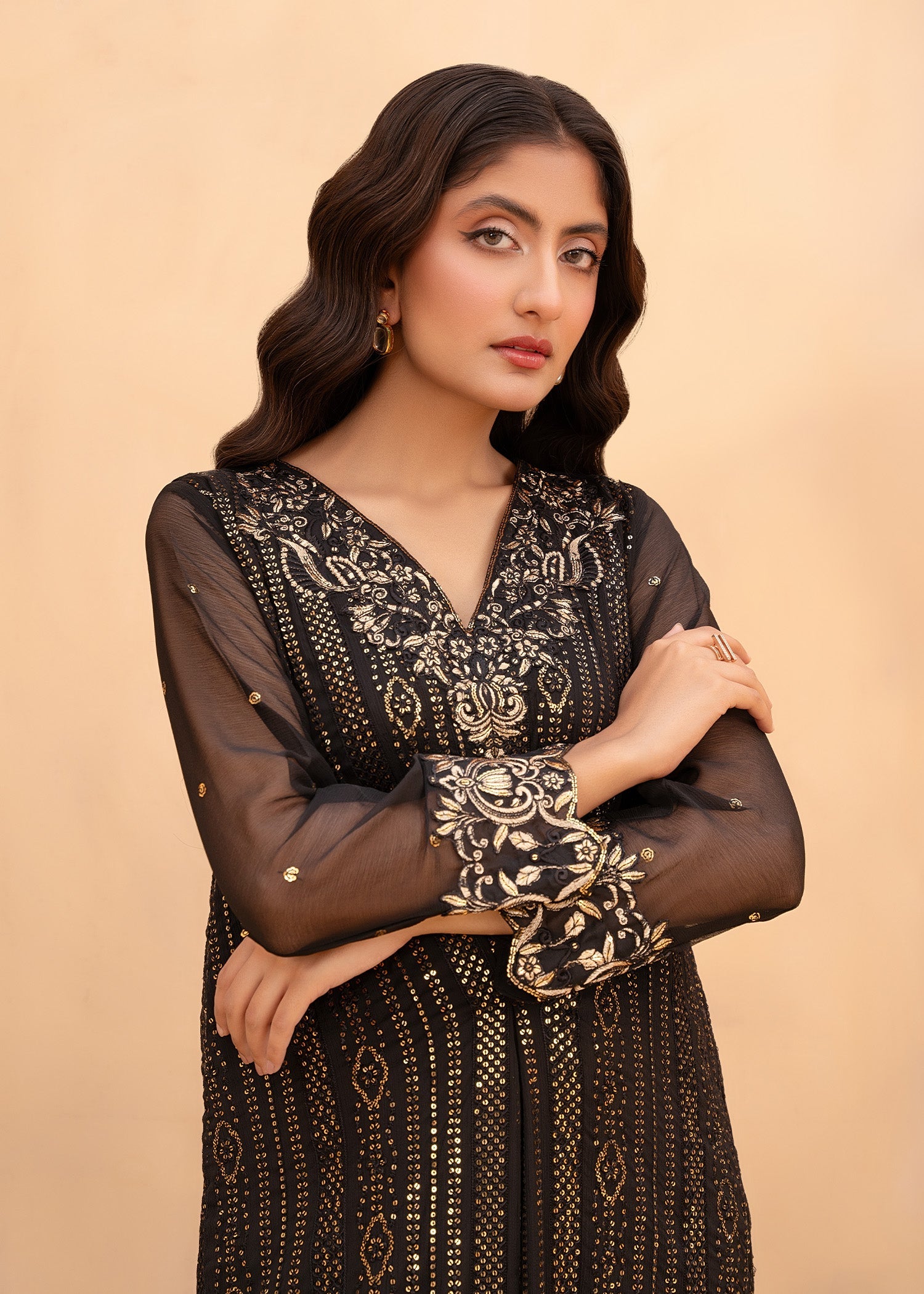 Black Sequin Embroidered Chiffon Kaftan (2-Piece) - Image 3