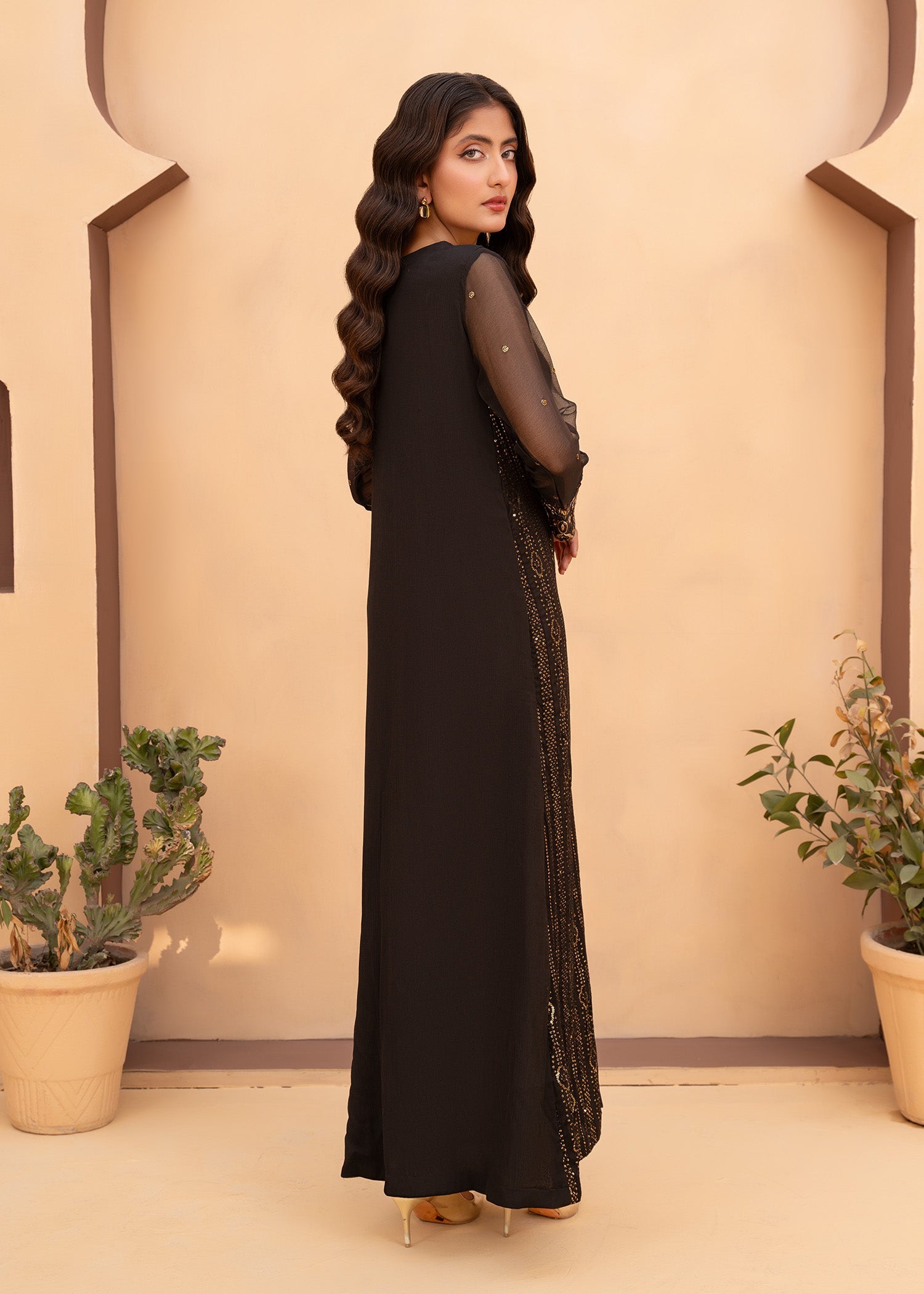 Black Sequin Embroidered Chiffon Kaftan (2-Piece) - Image 5