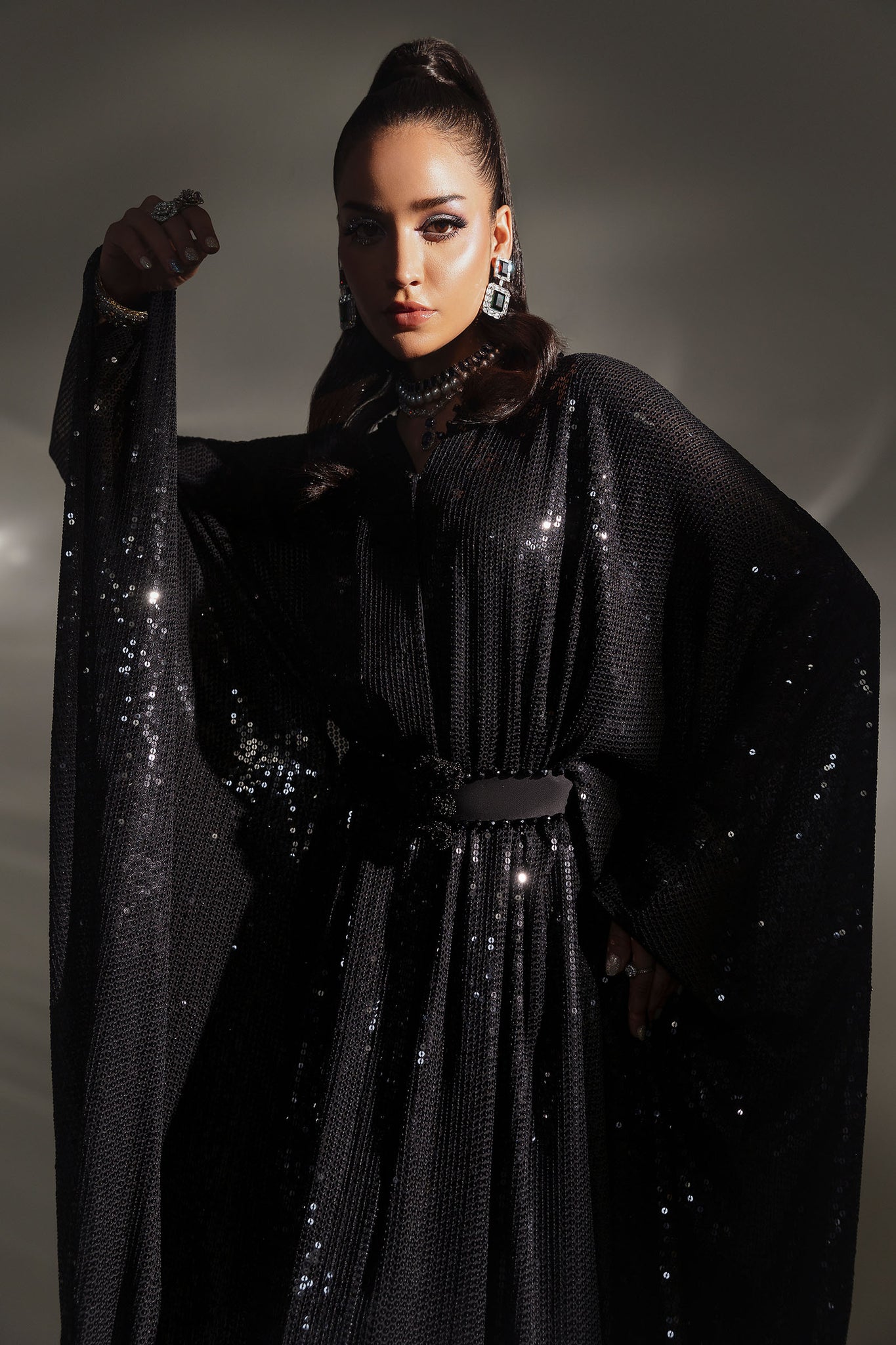 Pakistani Black Sequin Chiffon Kaftan (2-Piece) - Image 3