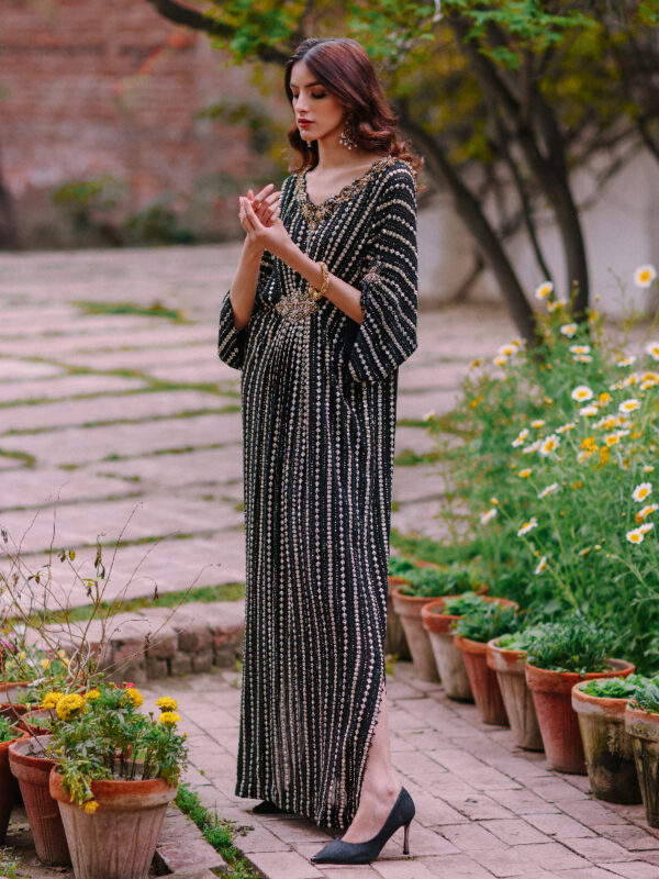 Pakistani Black Sequinned Chiffon Kaftan (1-Pc) - Image 1