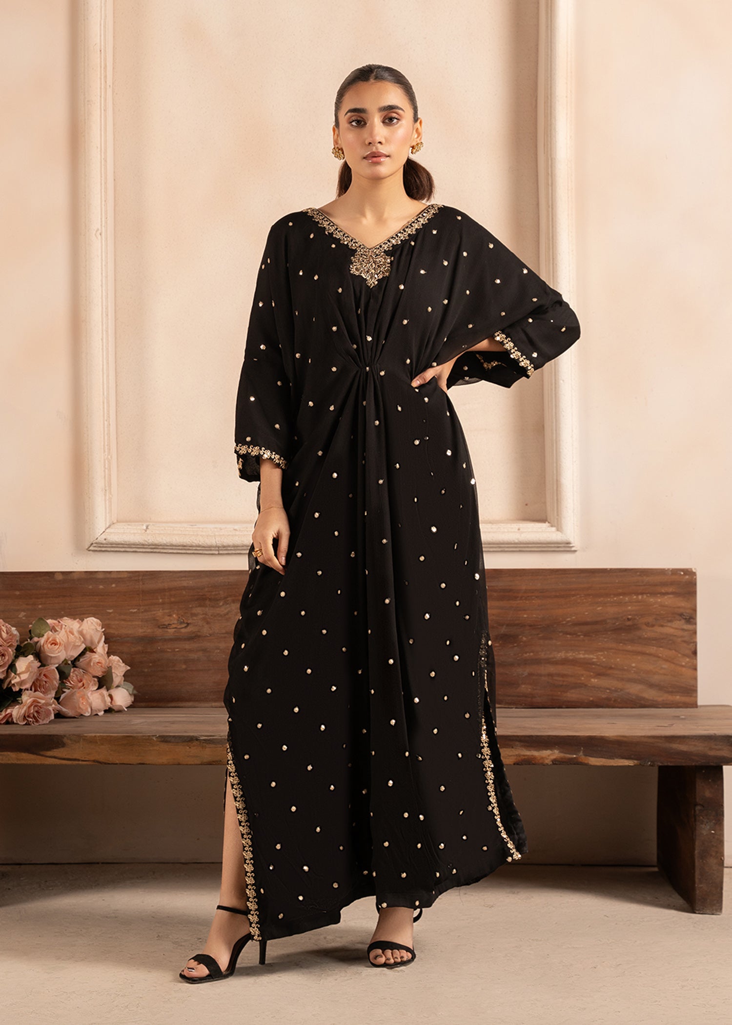 Pakistani Black Embroidered Chiffon Kaftan (1-Pc) - Image 1