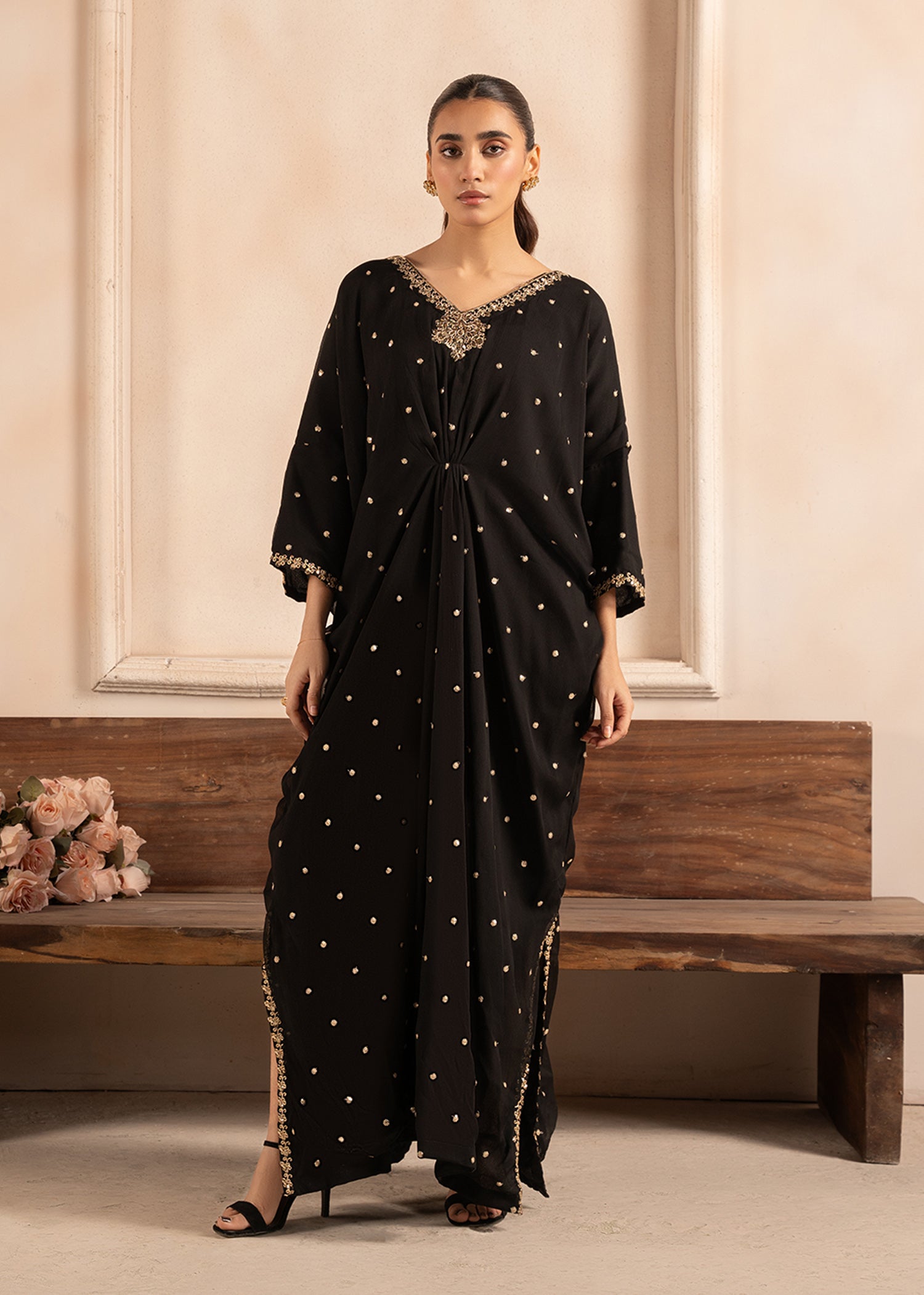 Pakistani Black Embroidered Chiffon Kaftan (1-Pc) - Image 2