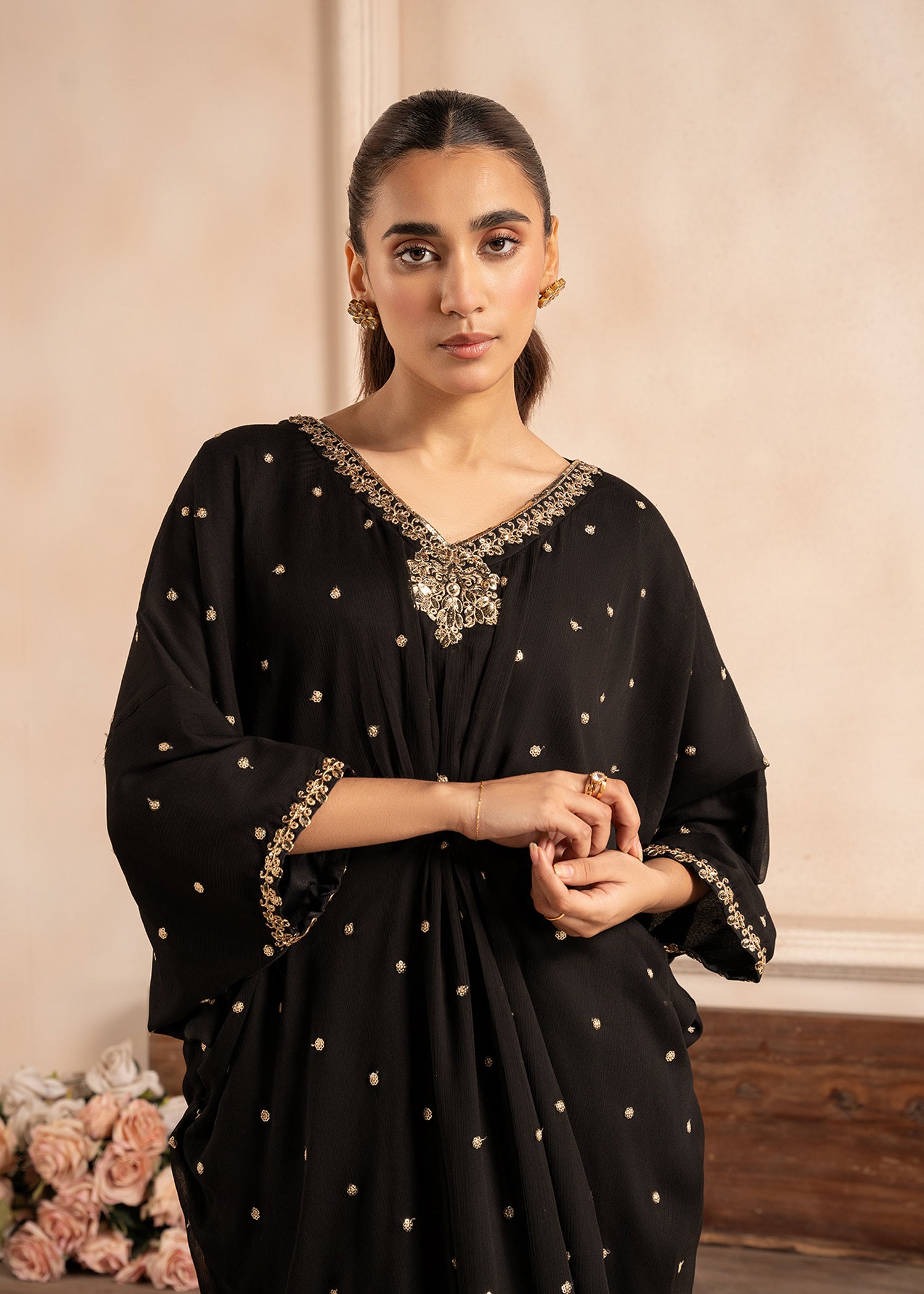 Pakistani Black Embroidered Chiffon Kaftan (1-Pc) - Image 5