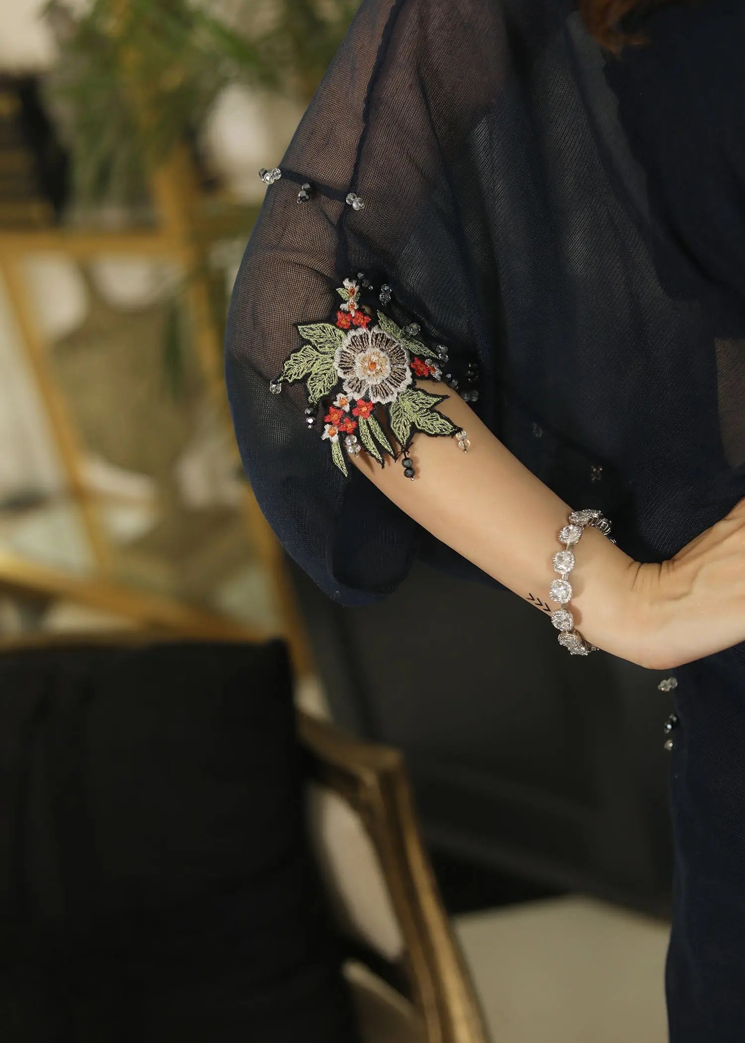 Pakistani Black Embroidered Cotton Net Kaftan (2-Piece) - Image 13