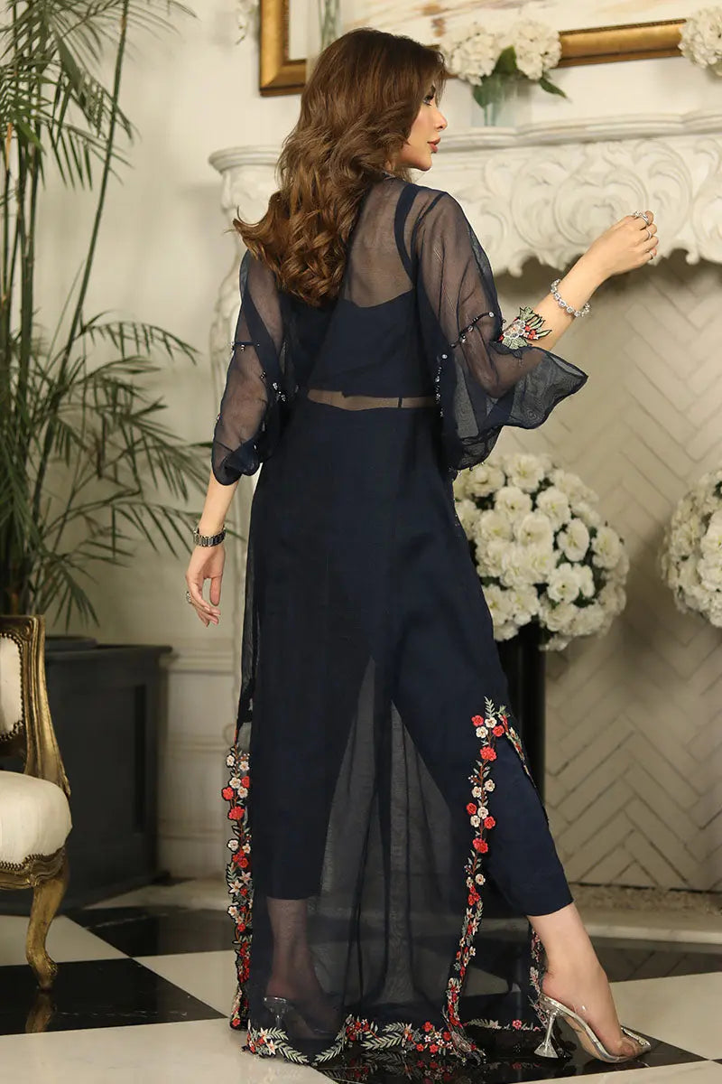 Pakistani Black Embroidered Cotton Net Kaftan (2-Piece) - Image 5
