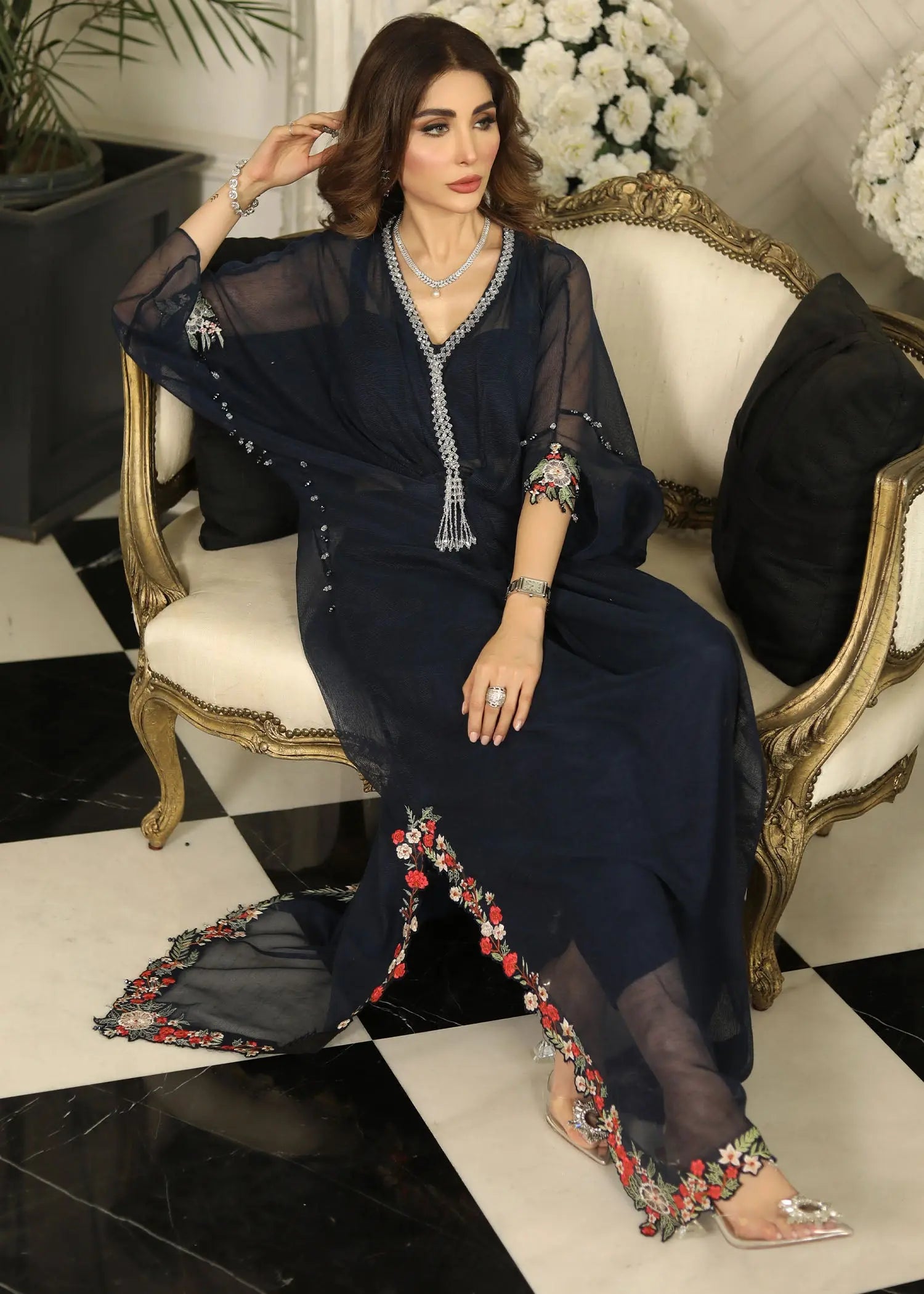Pakistani Black Embroidered Cotton Net Kaftan (2-Piece) - Image 6