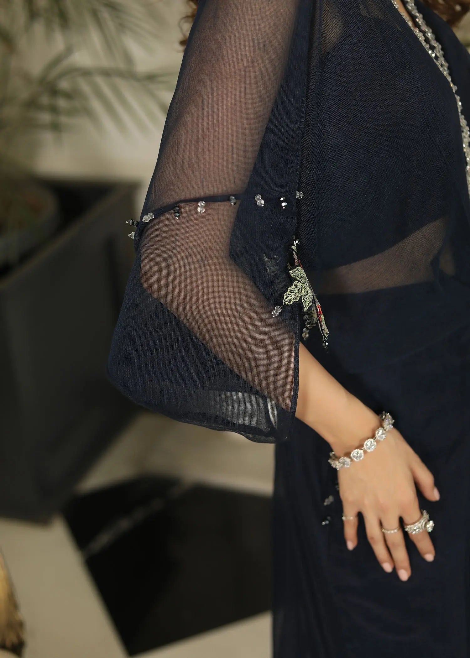 Pakistani Black Embroidered Cotton Net Kaftan (2-Piece) - Image 9