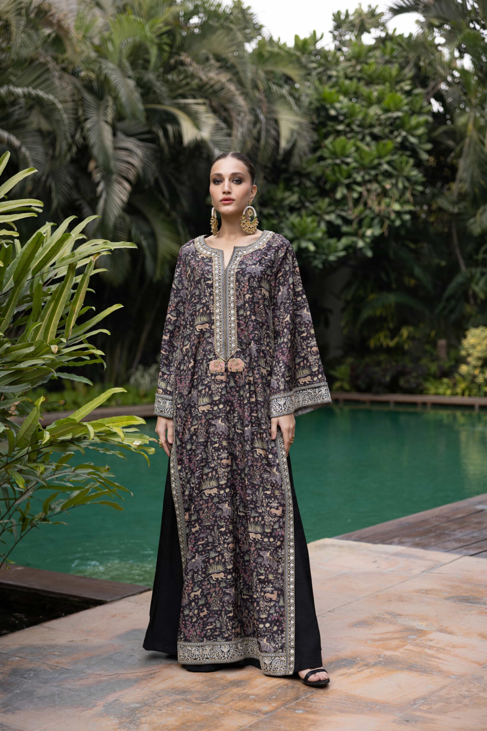 Black Shikargah Print Crepe Georgette Kaftan (2-Piece) - Image 2