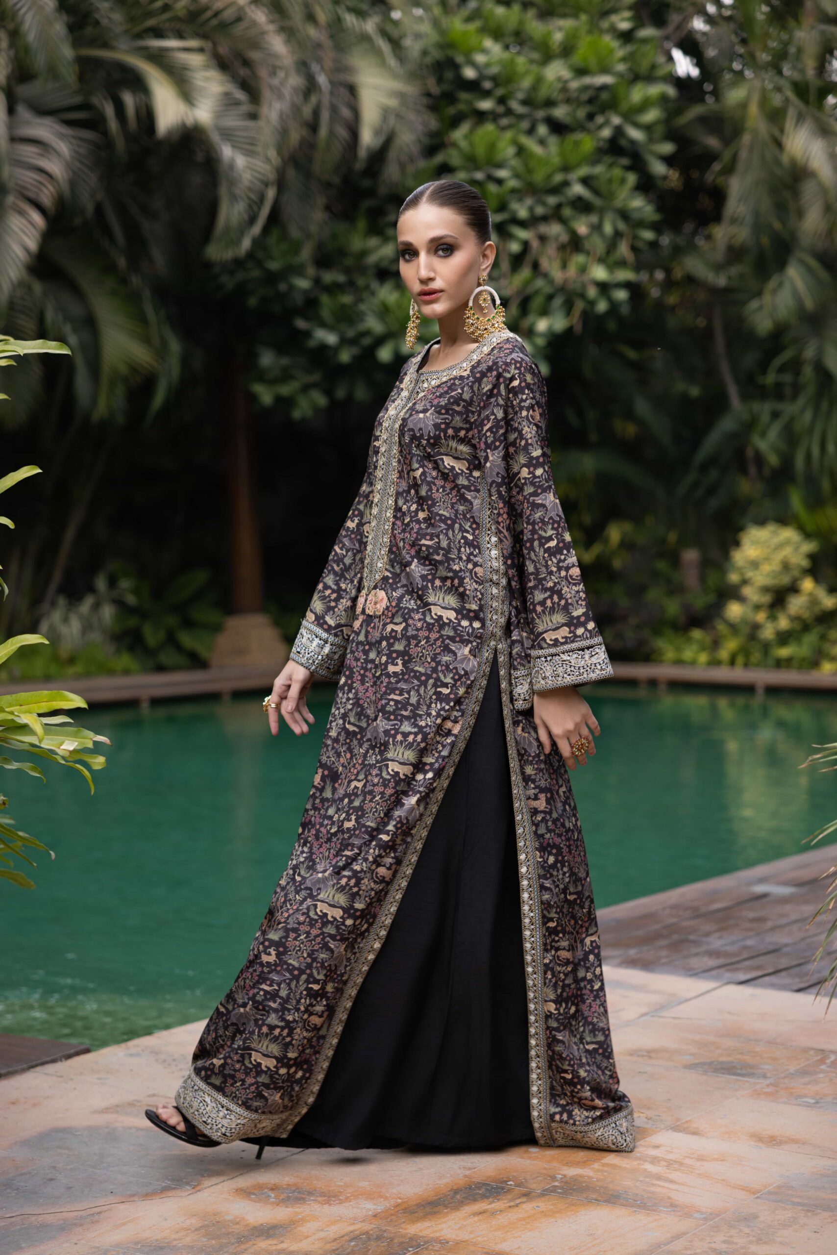 Black Shikargah Print Crepe Georgette Kaftan (2-Piece) - Image 3