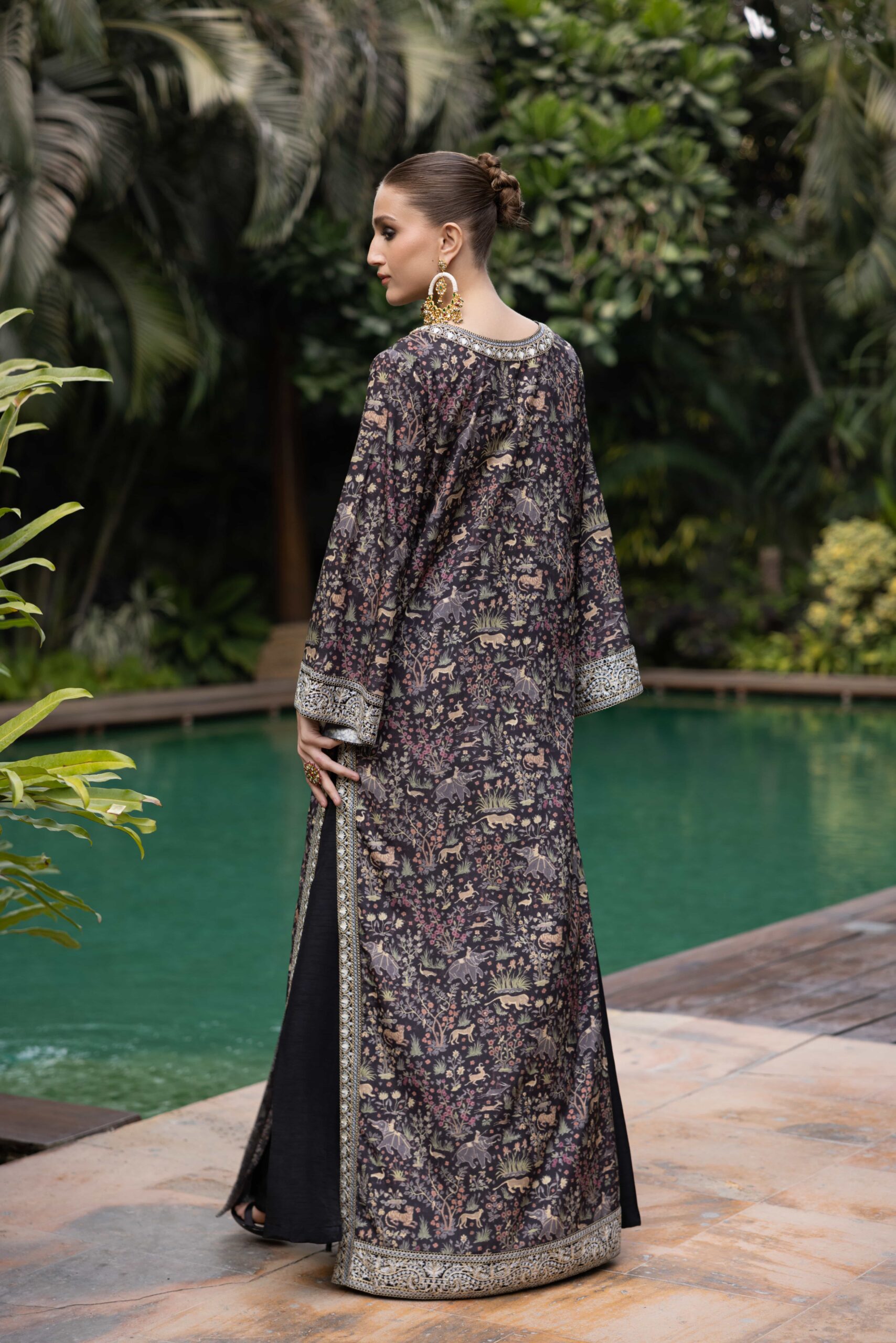 Black Shikargah Print Crepe Georgette Kaftan (2-Piece) - Image 4