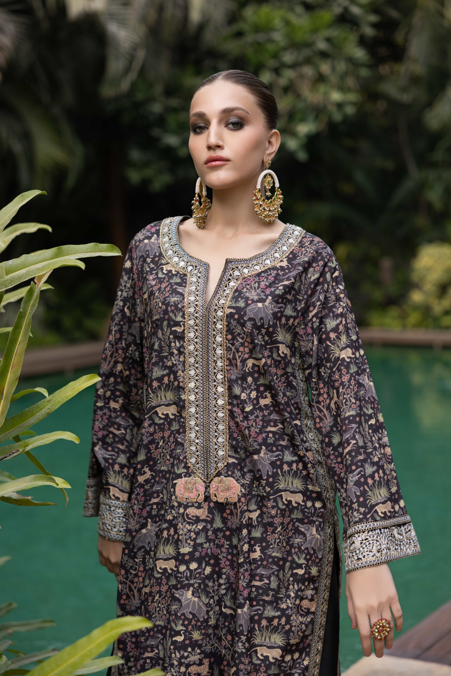 Black Shikargah Print Crepe Georgette Kaftan (2-Piece) - Image 5