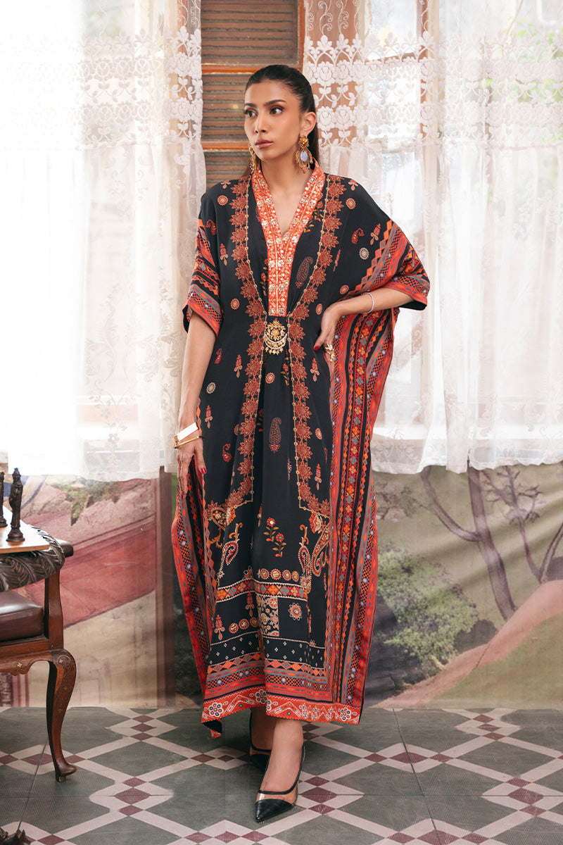 Pakistani Black Printed Pure Crepe Kaftan with Gota & Sequin (1-Pc) - Image 4