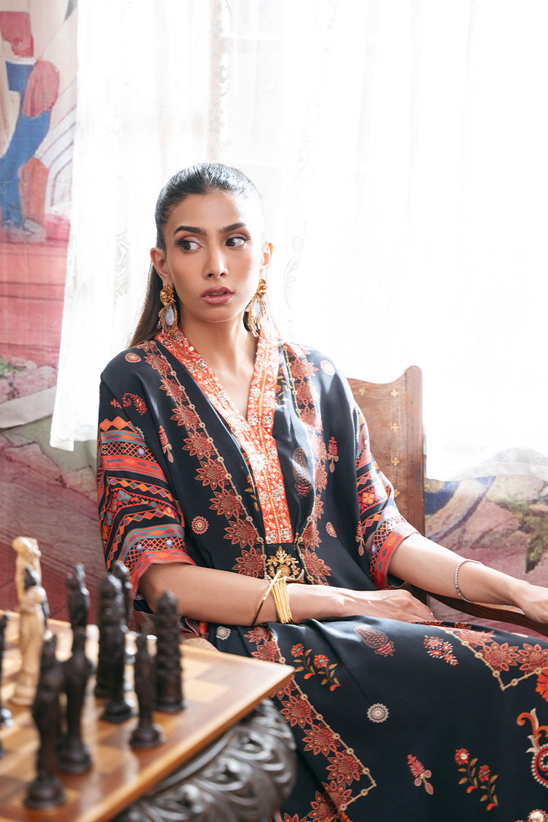 Pakistani Black Printed Pure Crepe Kaftan with Gota & Sequin (1-Pc) - Image 5