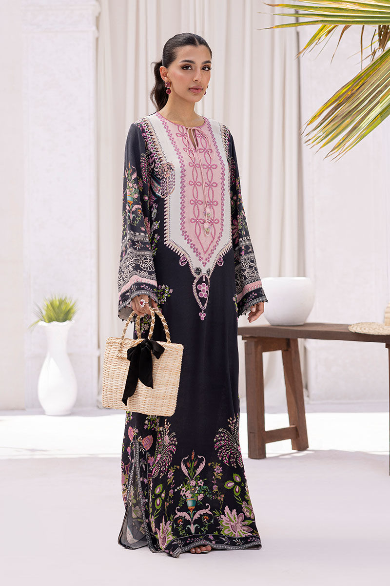 Black Resham Embroidered Pure Crepe Kaftan (1-Pc) - Image 1