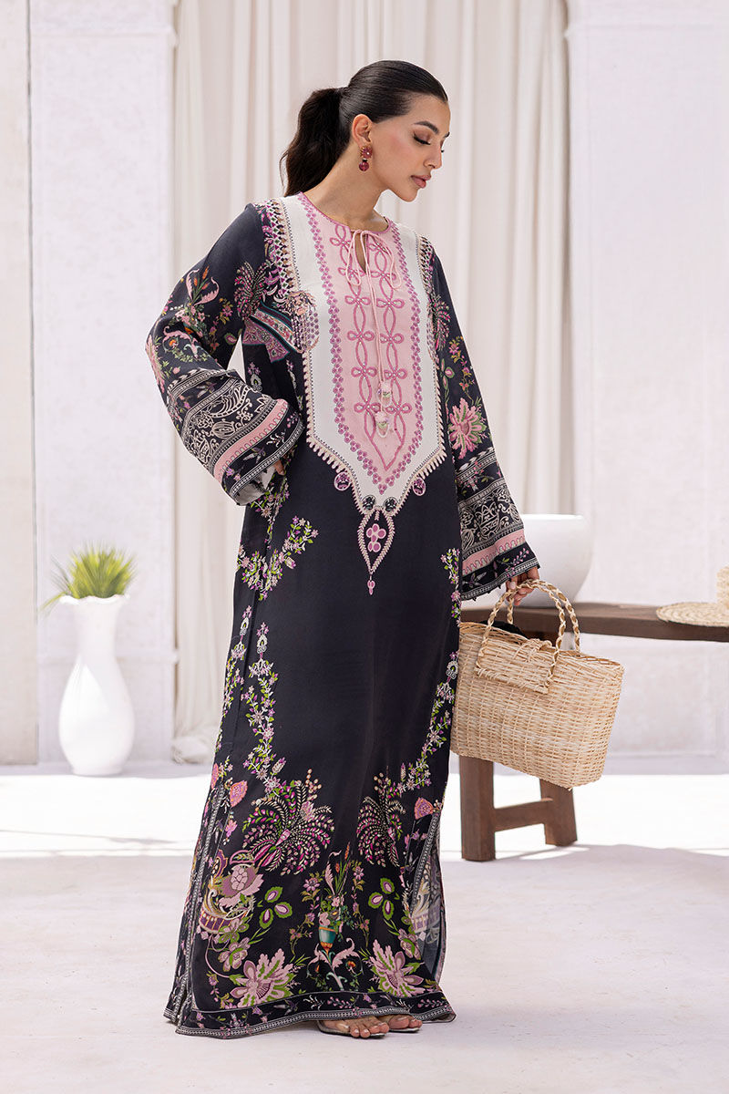 Black Resham Embroidered Pure Crepe Kaftan (1-Pc) - Image 5