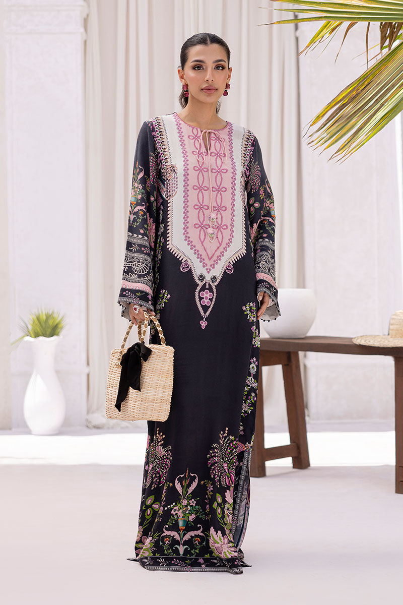 Black Resham Embroidered Pure Crepe Kaftan (1-Pc) - Image 8