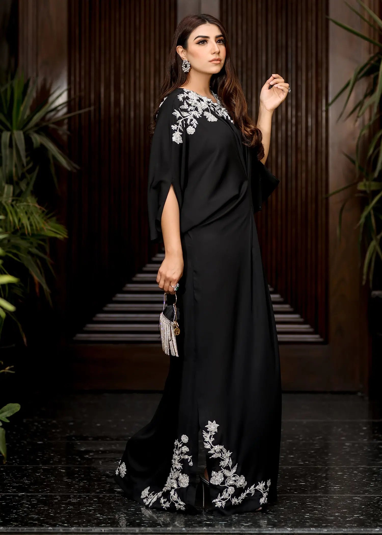 Pakistani Black Embroidered Georgette Kaftan (1-Pc) - Image 2