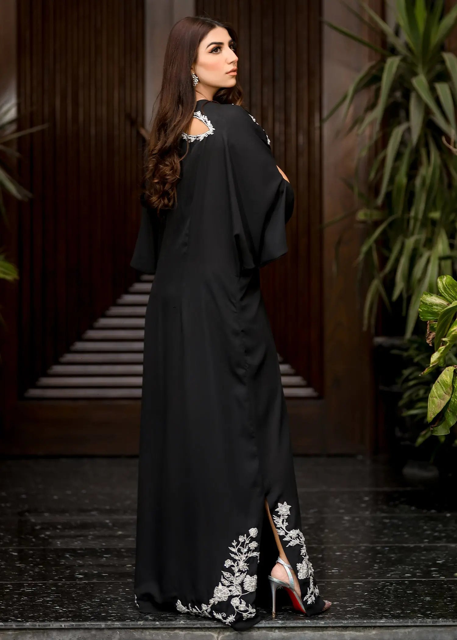 Pakistani Black Embroidered Georgette Kaftan (1-Pc) - Image 3