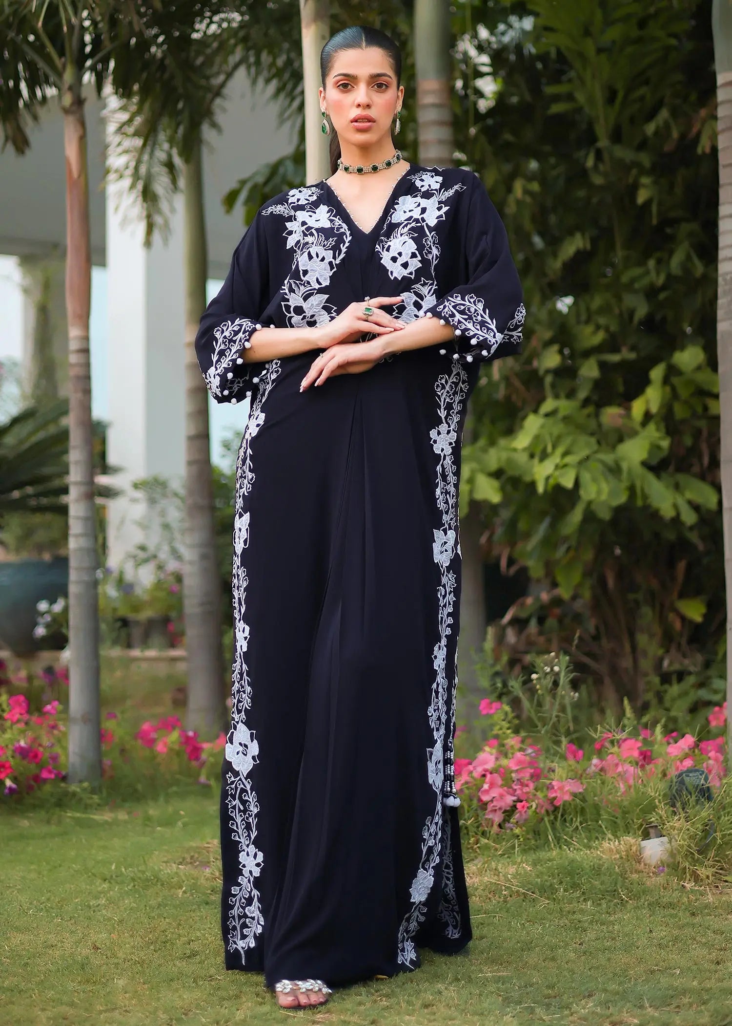Black Floral Embroidered Georgette Kaftan (1-Pc) - Image 1