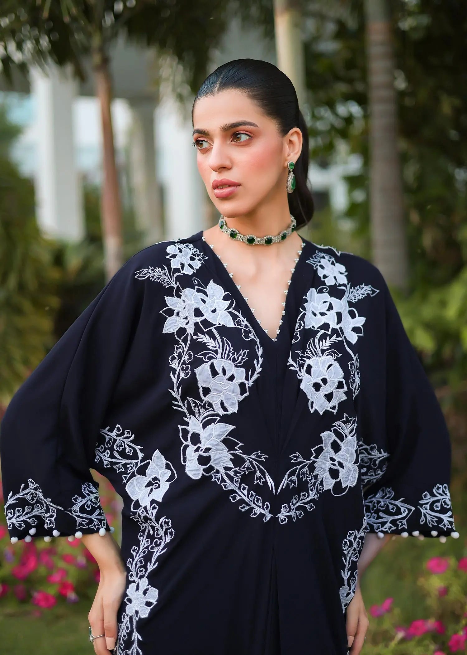 Black Floral Embroidered Georgette Kaftan (1-Pc) - Image 2
