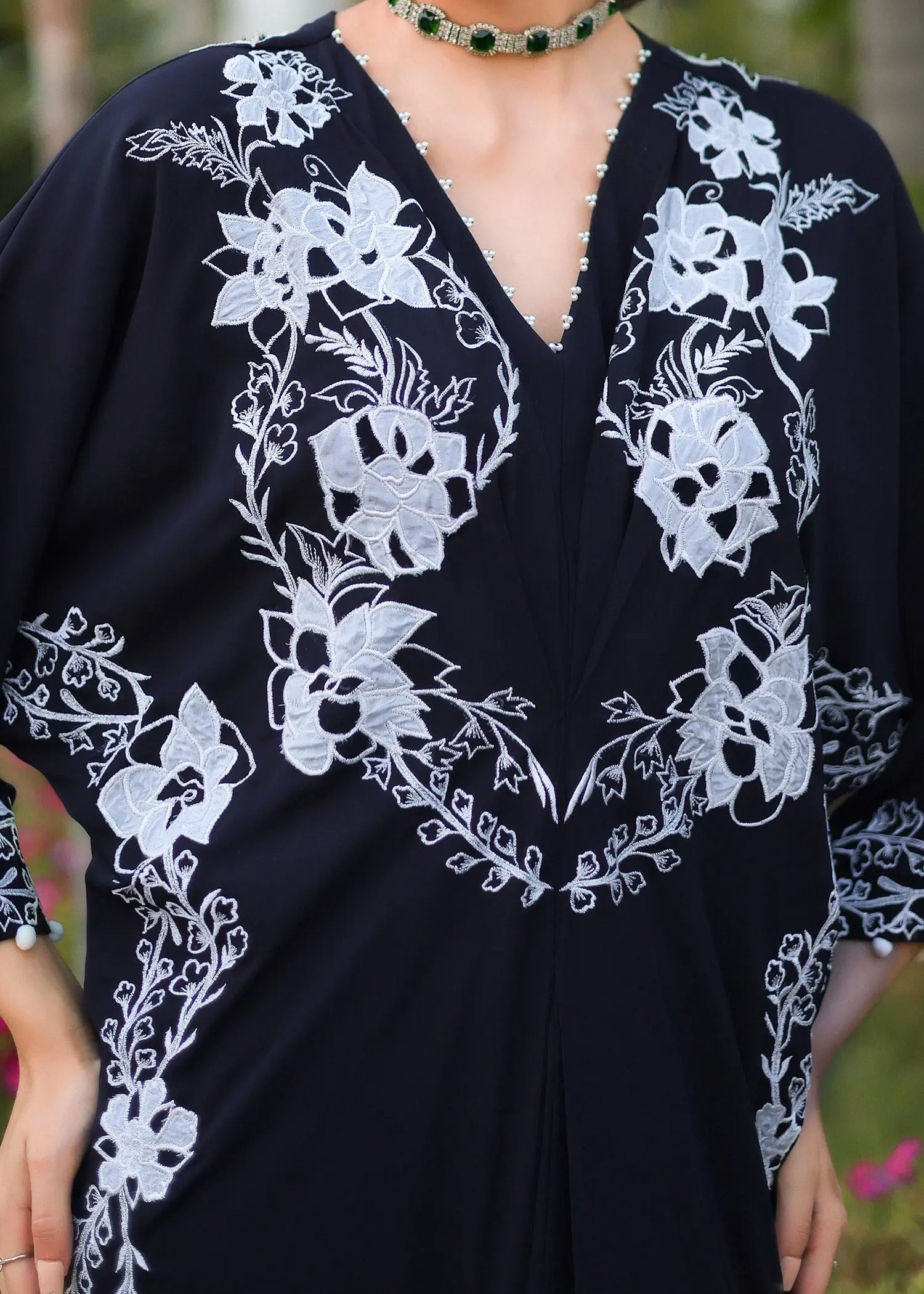 Black Floral Embroidered Georgette Kaftan (1-Pc) - Image 5