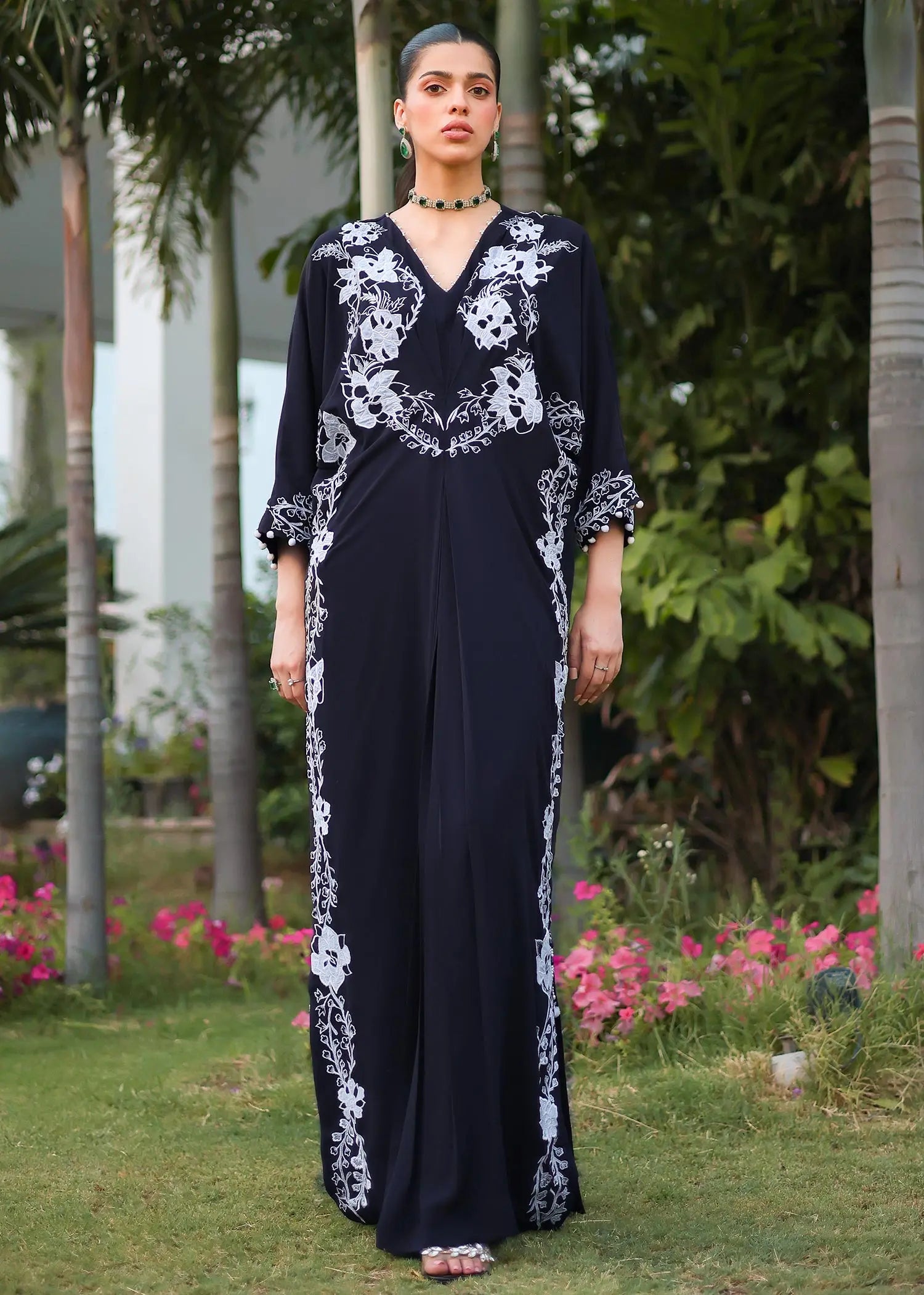 Black Floral Embroidered Georgette Kaftan (1-Pc) - Image 6