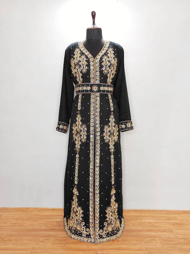 Pakistani Black Beaded Crystal Georgette Moroccan Kaftan (2-Piece) - Image 1