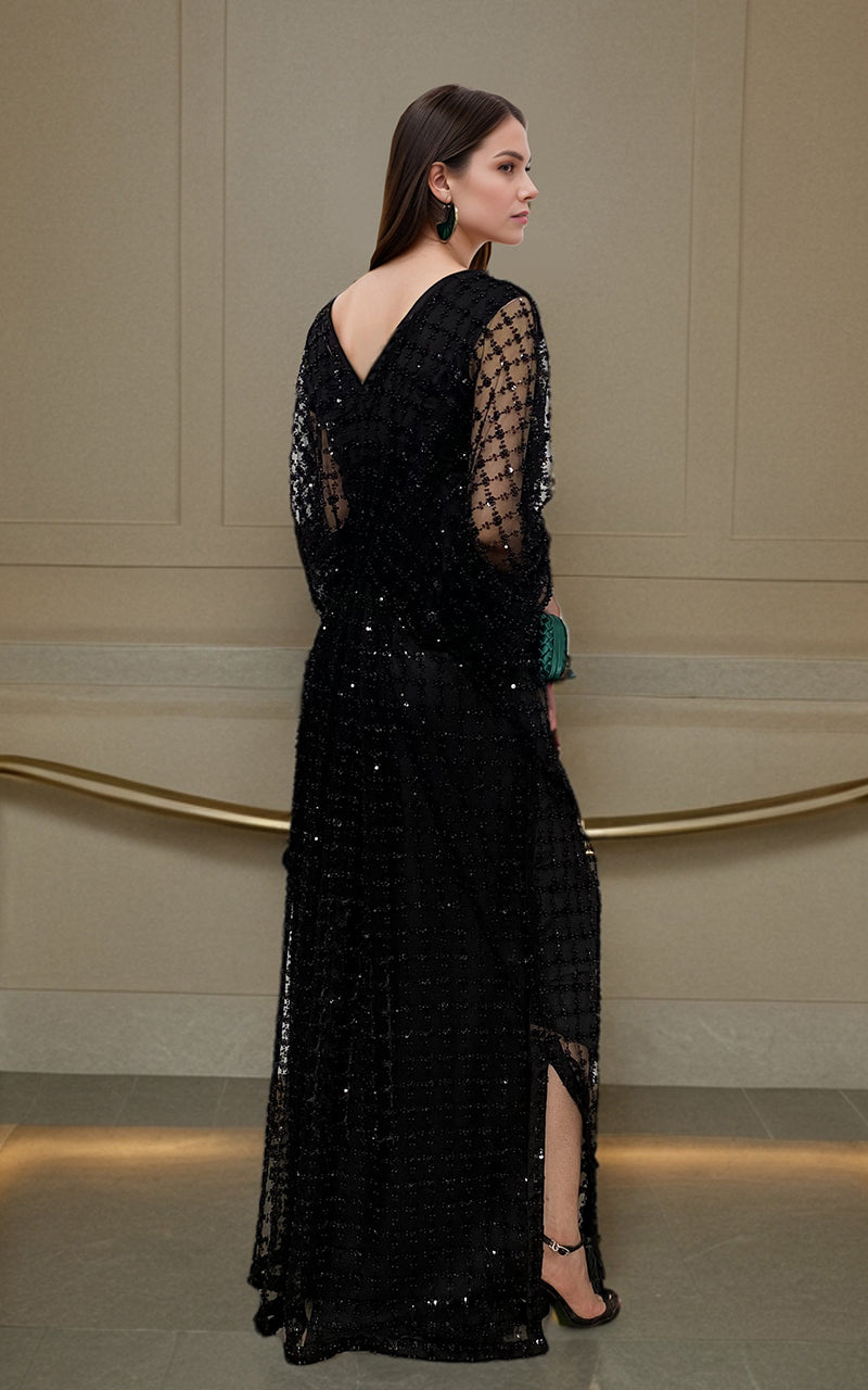 Raven Black Embellished Net Kaftan (1-Pc) - Image 3