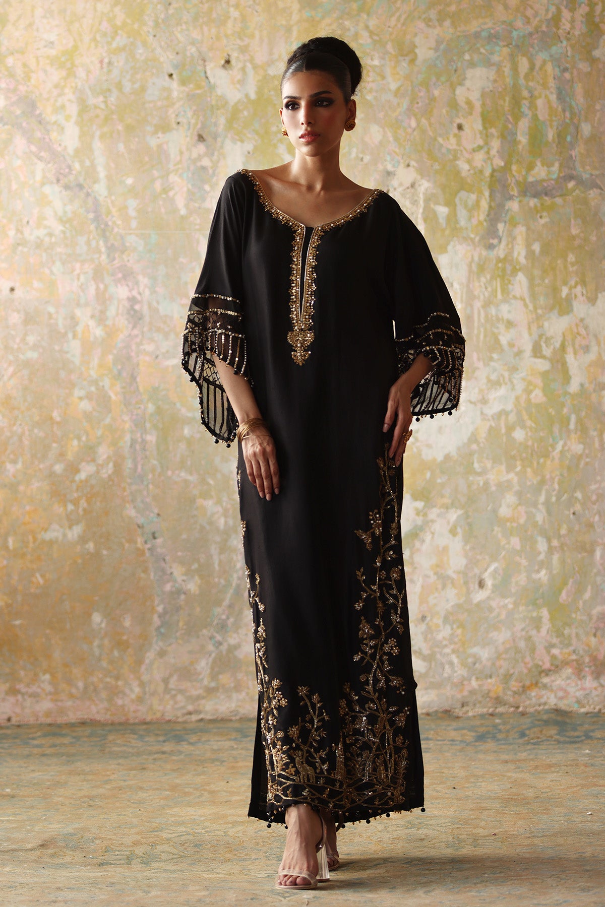 Pakistani Black Embellished Raw Silk Kaftan (2-Piece) - Image 1