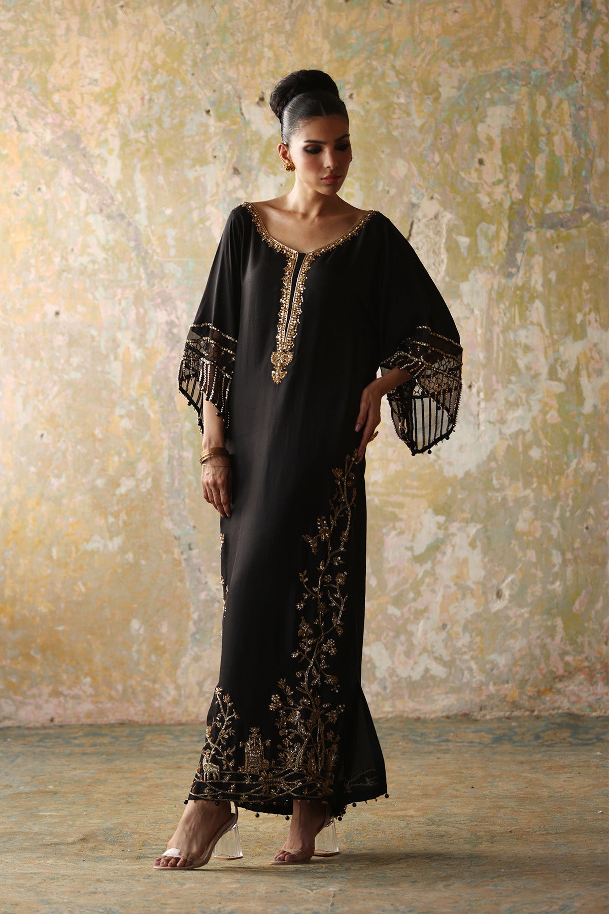 Pakistani Black Embellished Raw Silk Kaftan (2-Piece) - Image 2